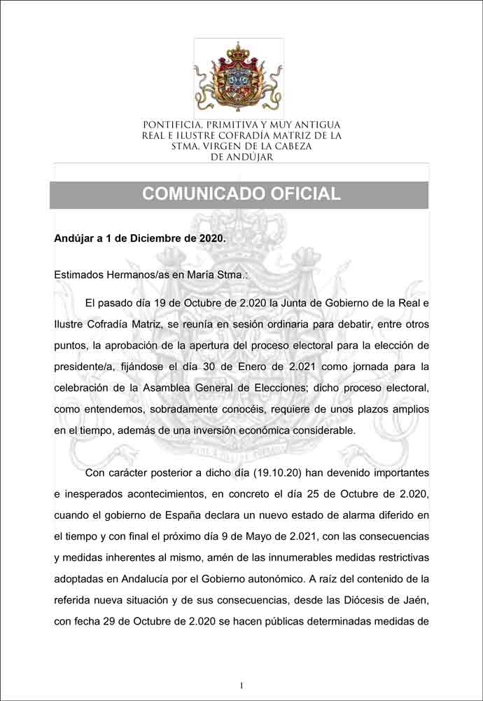 Comunicado aplazamiento elecciones cofradía Matriz