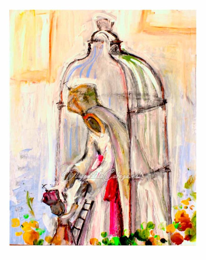 Pintura Virgen de la Cabeza en jaula subiendo
