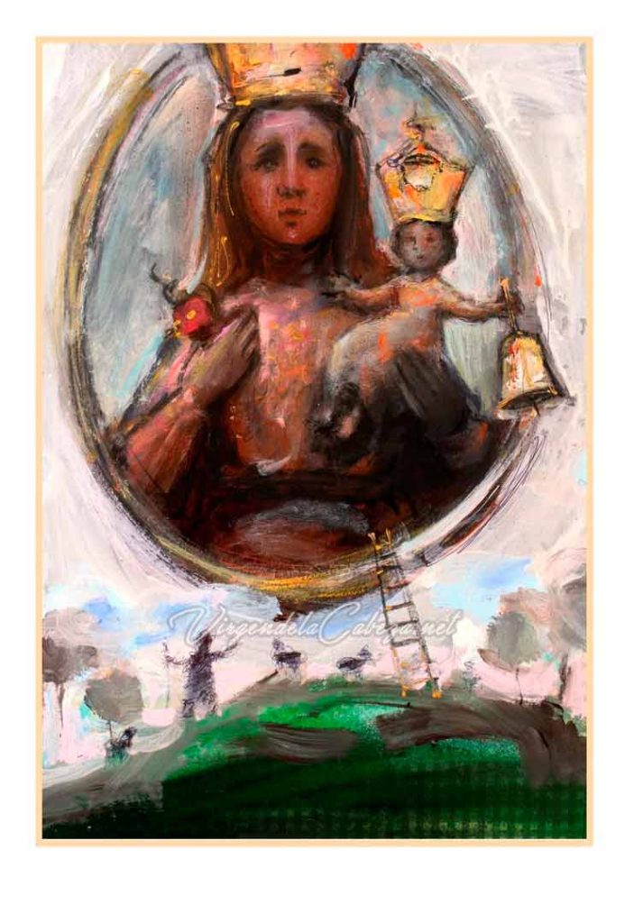 Pintura aparición Virgen de la Cabeza con niño Jesús tocando campana