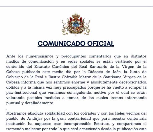Comunicado Matriz Andújar decreto Santuari obispo Jaén