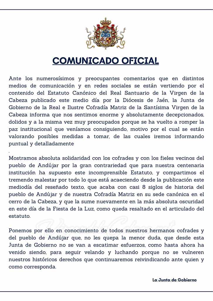 Comunicado Matriz Andújar decreto Santuari obispo Jaén