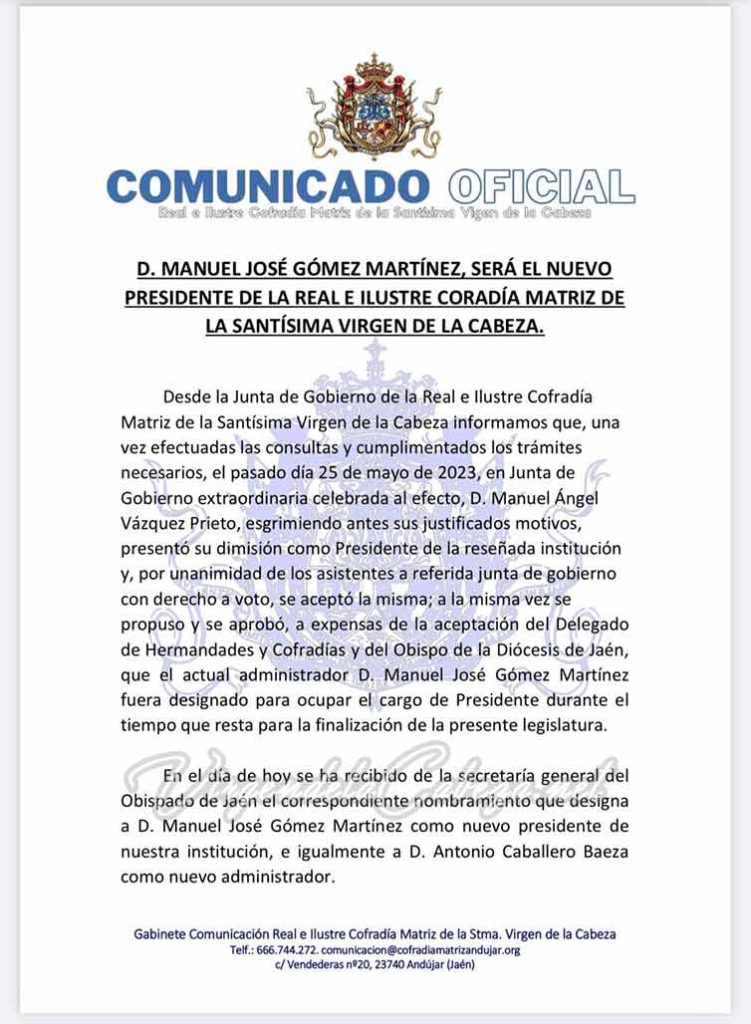 Comunicado  nuevo presidente cofradía Matriz Manuel Jose Gomez M